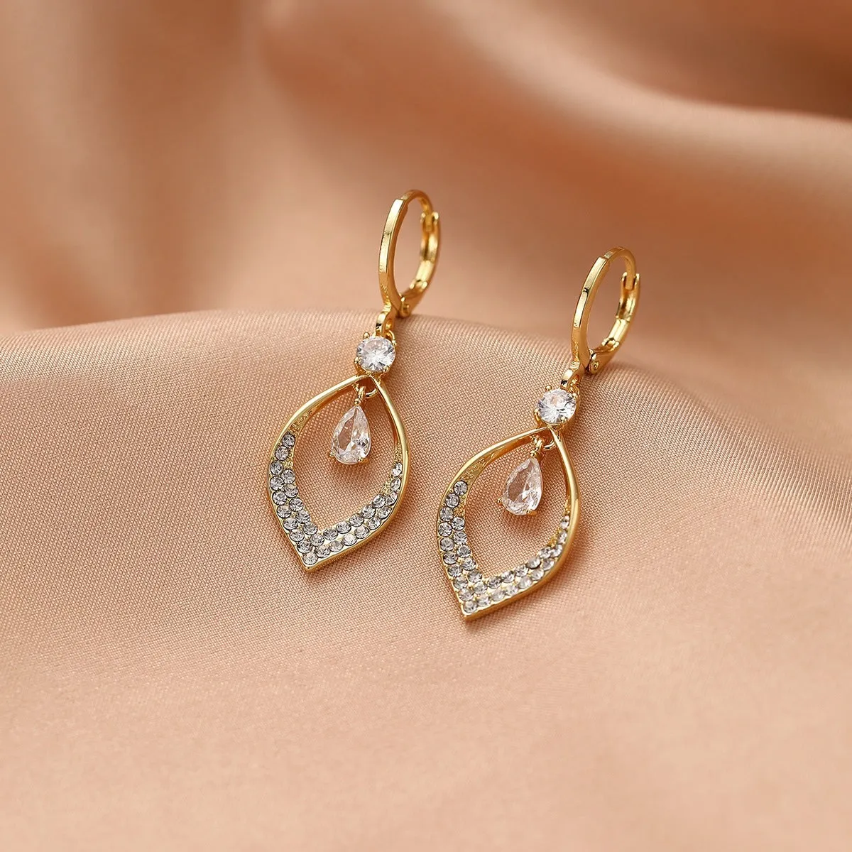 Copper zircon water drop tassel earrings with gold or silver thickened electroplated ear buckles
