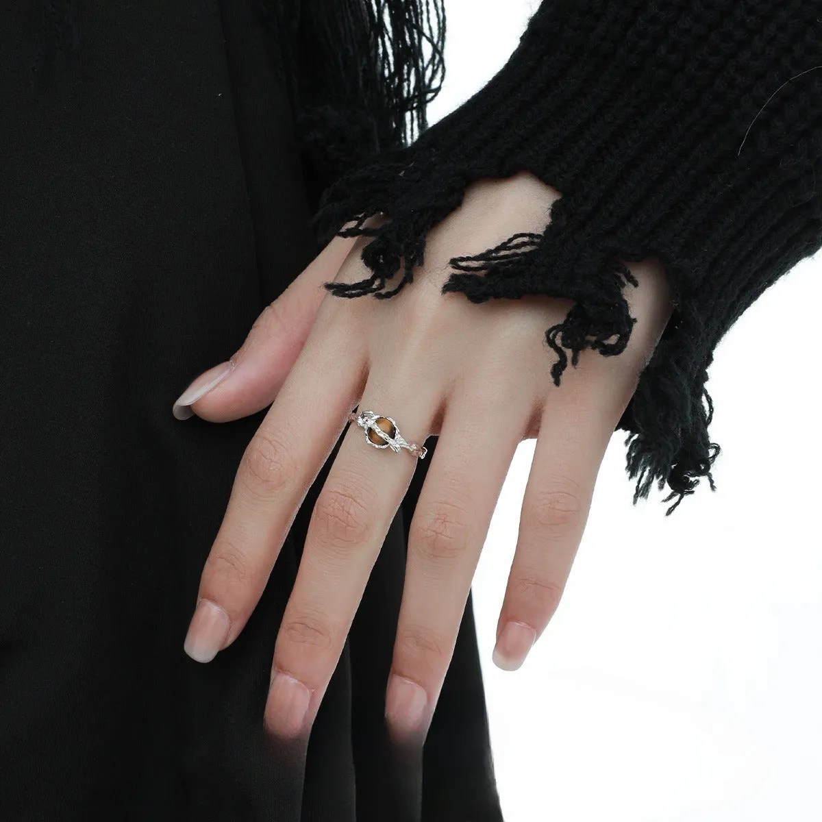 Silver Saturn tigereye open ring with adjustable opening, electroplated white gold colour finish