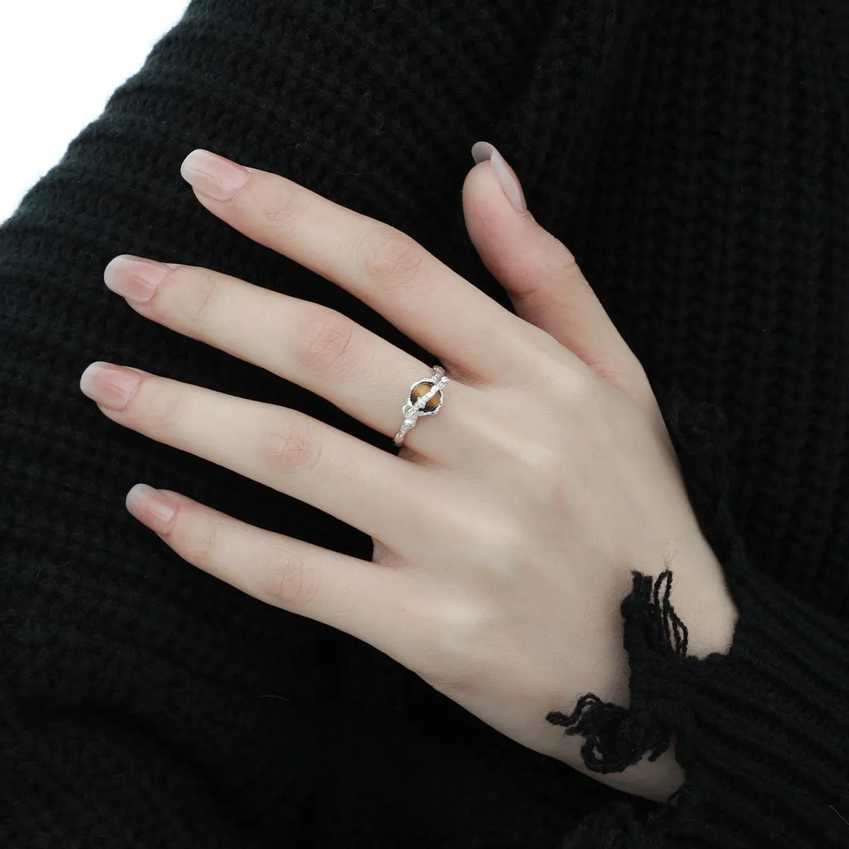 Silver Saturn tigereye open ring with adjustable opening, electroplated white gold colour finish