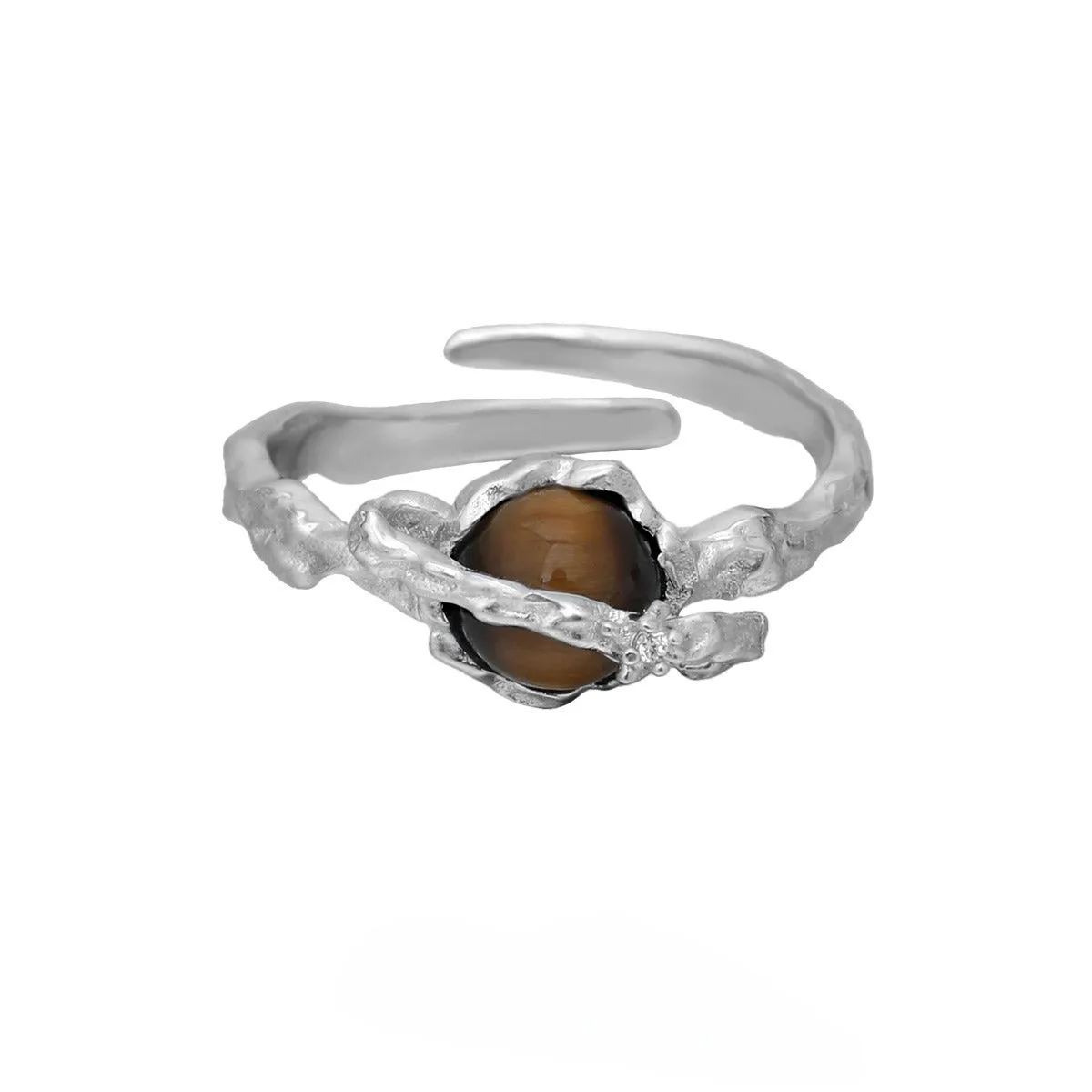 Silver Saturn tigereye open ring with adjustable opening, electroplated white gold colour finish