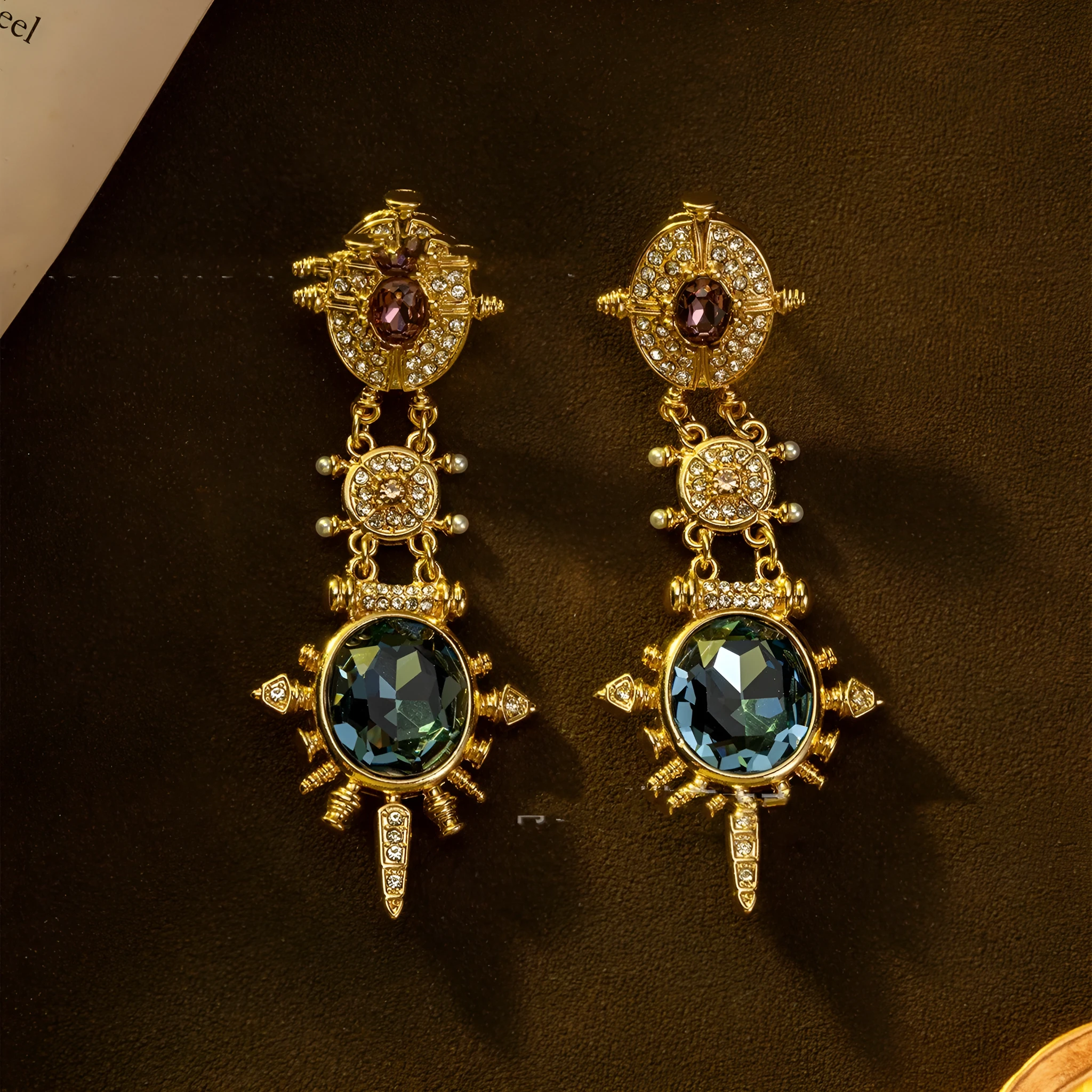 Gold alloy round geometric retro stud earrings with diamond treatment pair