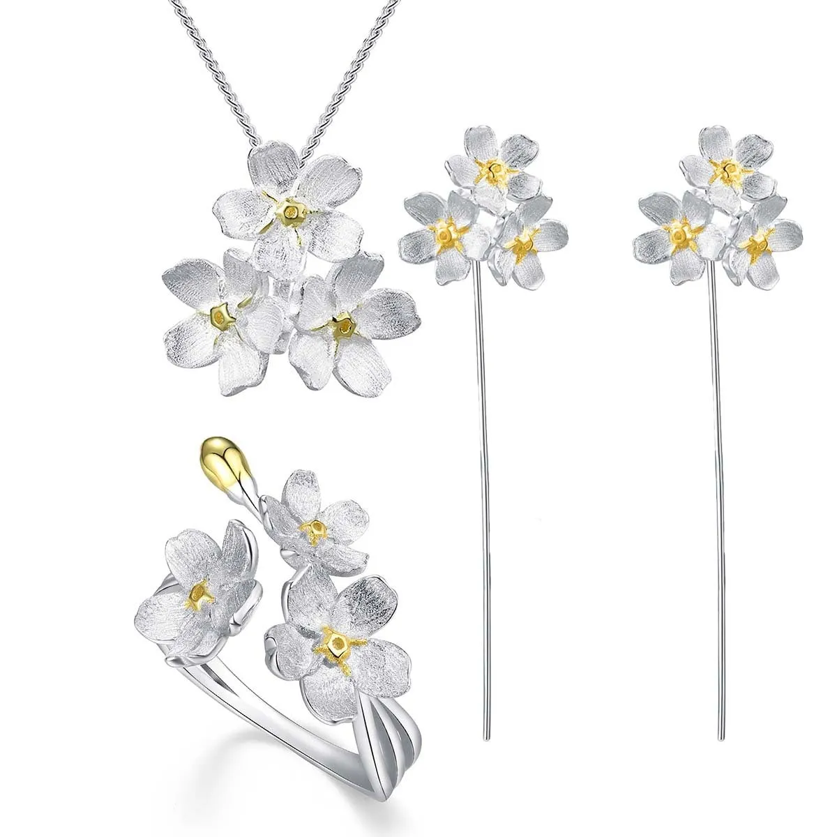 Myosotis Sylvatica forget-me-not flower sterling silver pendant in pastoral style on a plain background.
