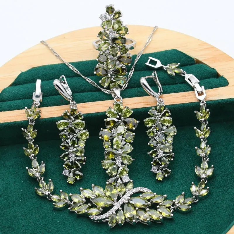 Retro floral necklace earring ring bracelet ornament suit with alloy pendant and copper inlaid zircon in olive finish