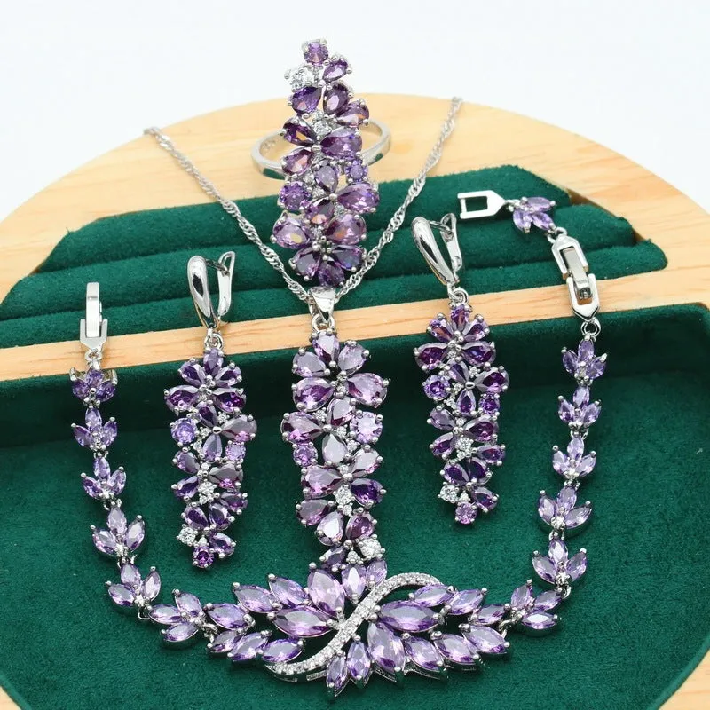 Retro floral necklace earring ring bracelet ornament suit with alloy pendant and copper inlaid zircon in olive finish