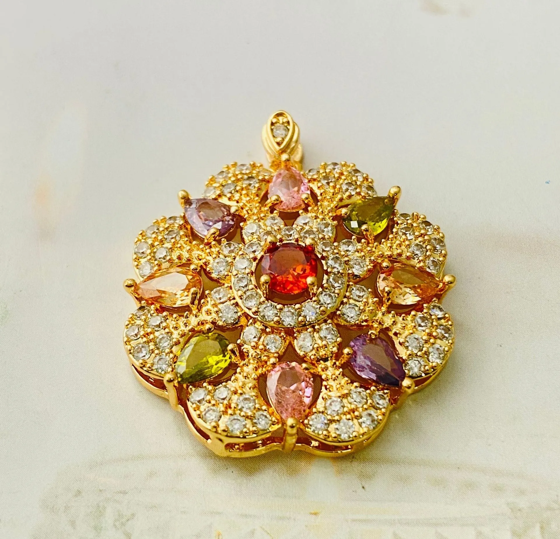 Women's zircon flower pendant necklace in gold electroplated finish with optional chain