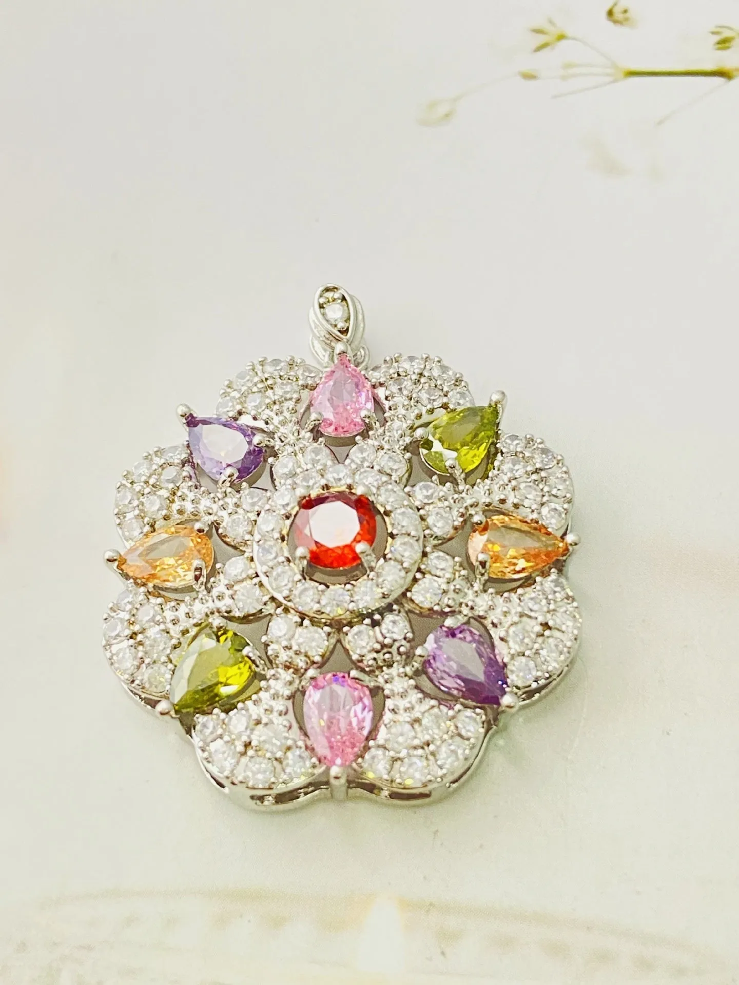 Women's zircon flower pendant necklace in gold electroplated finish with optional chain