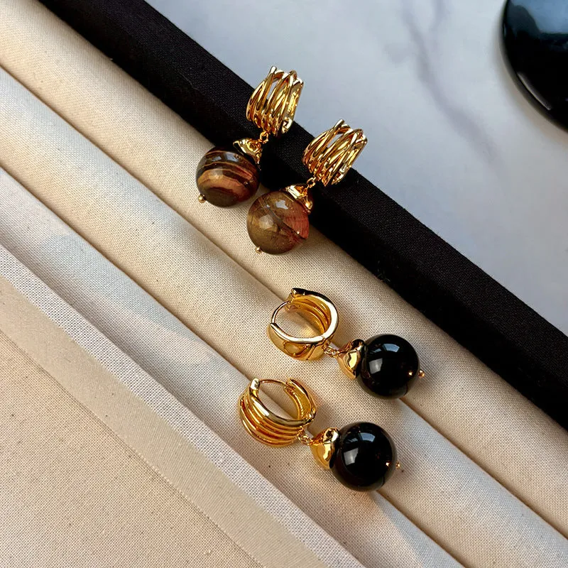 Maillard tigereye geometric earrings for women with real gold plating in brown and black colours