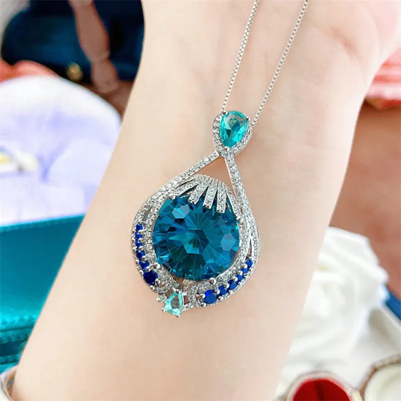 Simple blue fireworks cut crystal pendant necklace for women with water wave chain