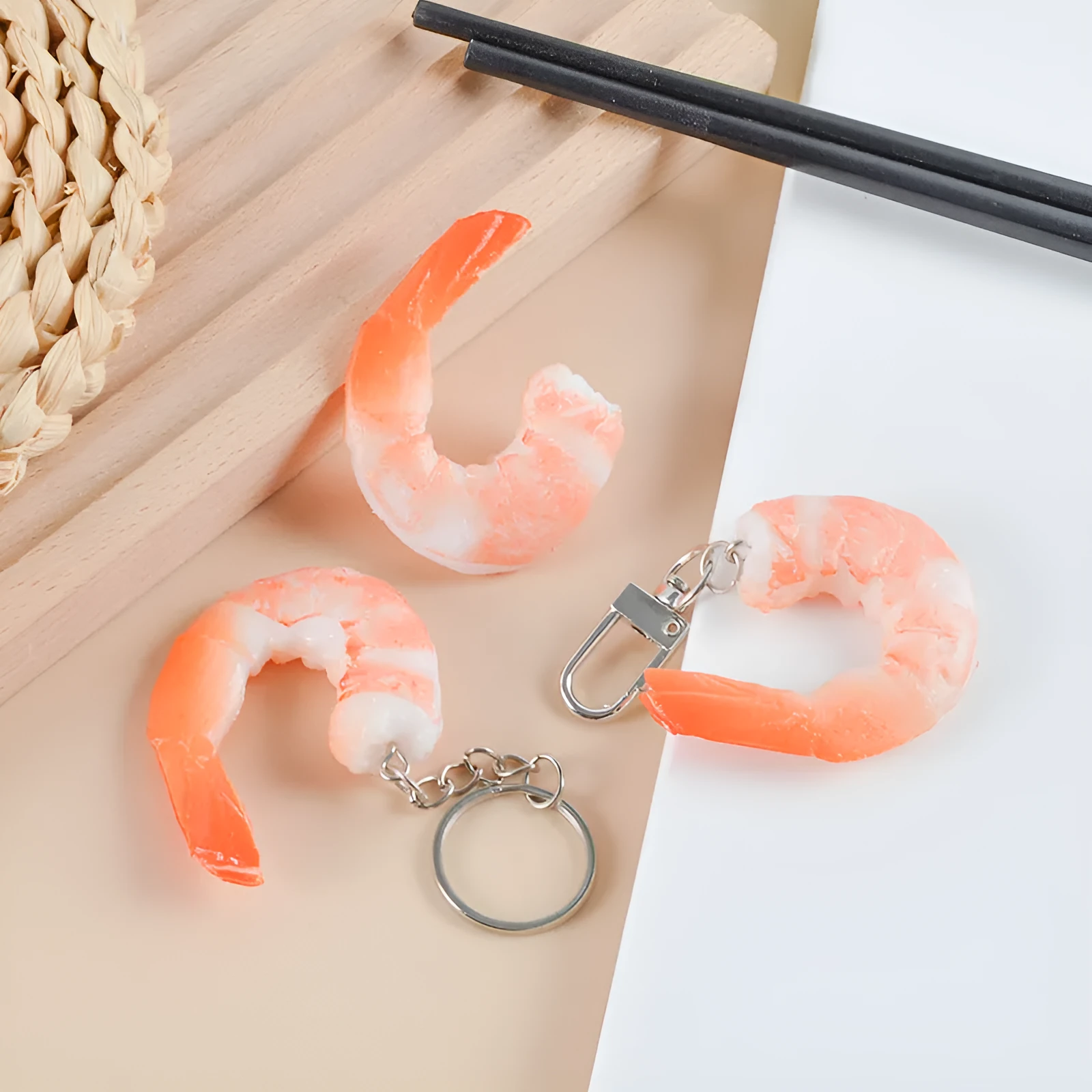Simulation seafood shrimp keychain in PVC injection moulding, 1.5cm thick, modern simplicity style