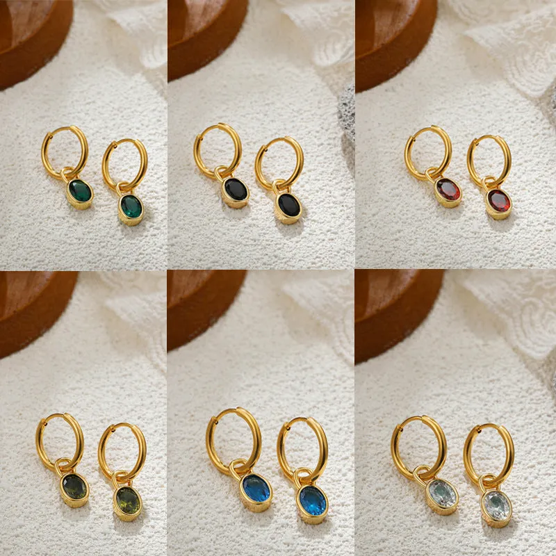 Close-up of women's retro simple oval zircon earrings in copper, showing the six available colour options.