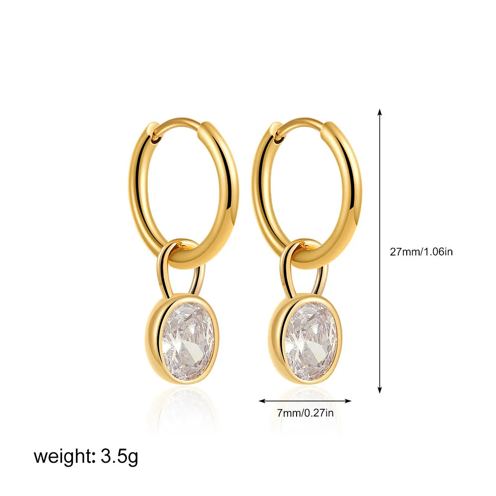 Close-up of women's retro simple oval zircon earrings in copper, showing the six available colour options.