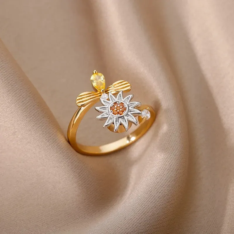 Copper decompression ring with rotatable band, adjustable opening, in gold or platinum colour