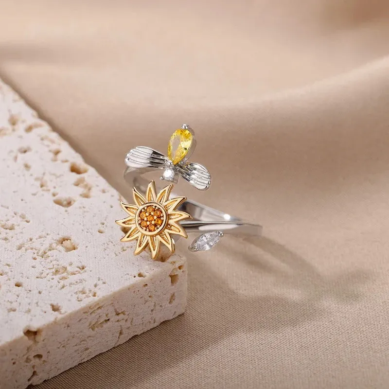 Copper decompression ring with rotatable band, adjustable opening, in gold or platinum colour