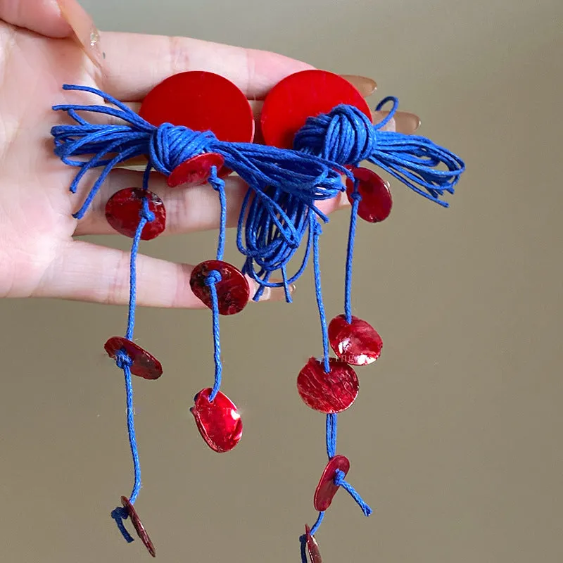 Women's cloth earrings with blue resin flower geometric round shape silver needle