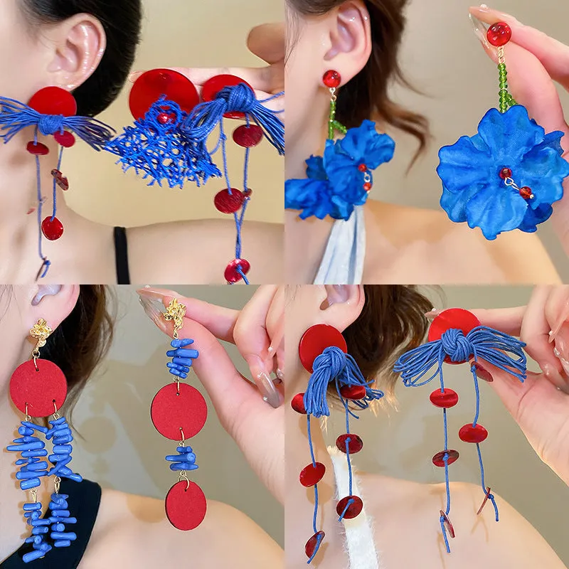 Women's cloth earrings with blue resin flower geometric round shape silver needle