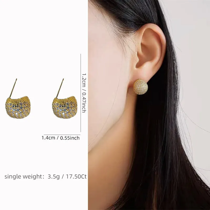 Light luxury full diamond little golden beans ear clip earrings for women, drop shape geometric design, gold and white colour options, non-pierced clip