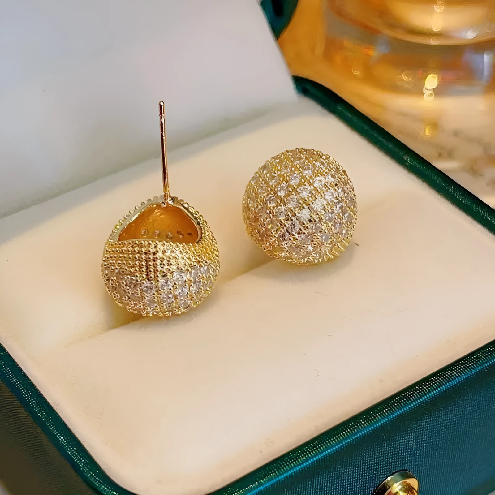 Light luxury full diamond little golden beans ear clip earrings for women, drop shape geometric design, gold and white colour options, non-pierced clip