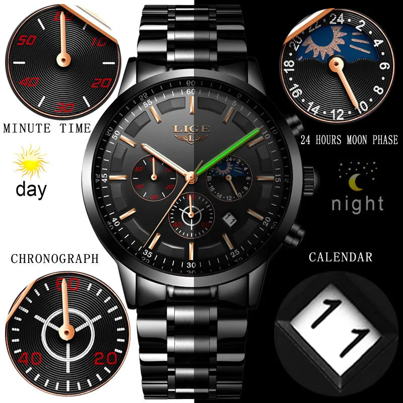 Men's waterproof quartz watch in black and rose red gold with 12mm thickness on wrist