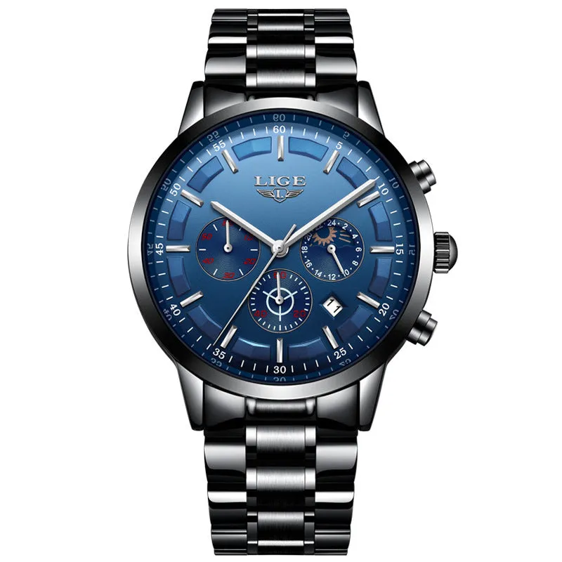 Men's waterproof quartz watch in black and rose red gold with 12mm thickness on wrist