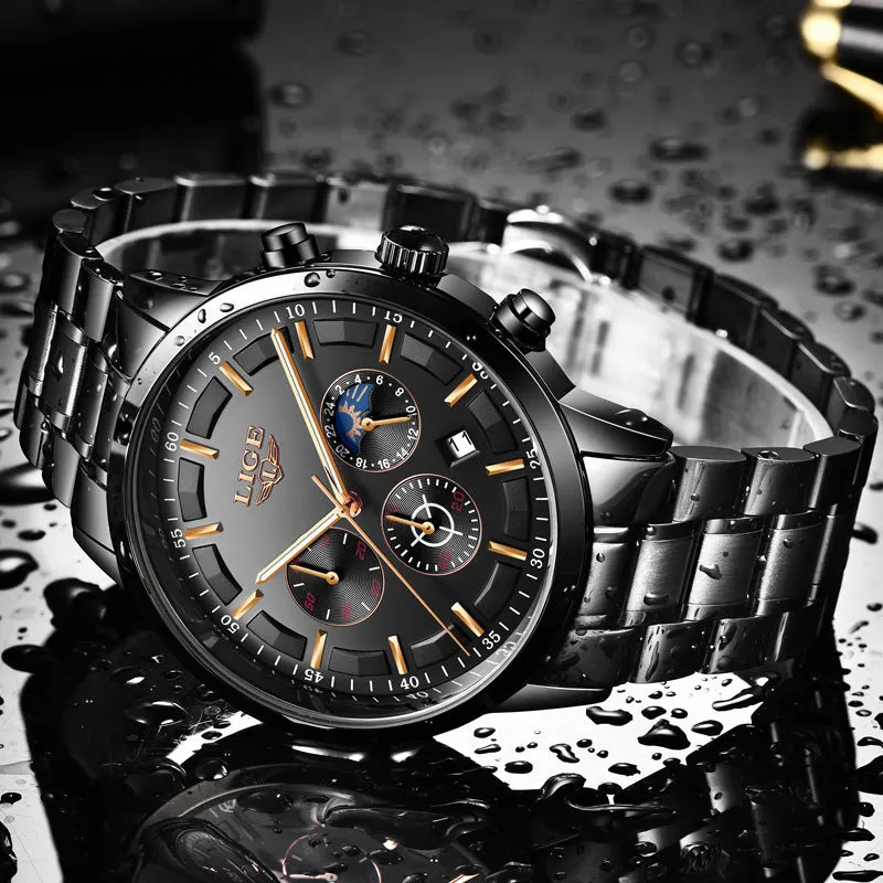 Men's waterproof quartz watch in black and rose red gold with 12mm thickness on wrist