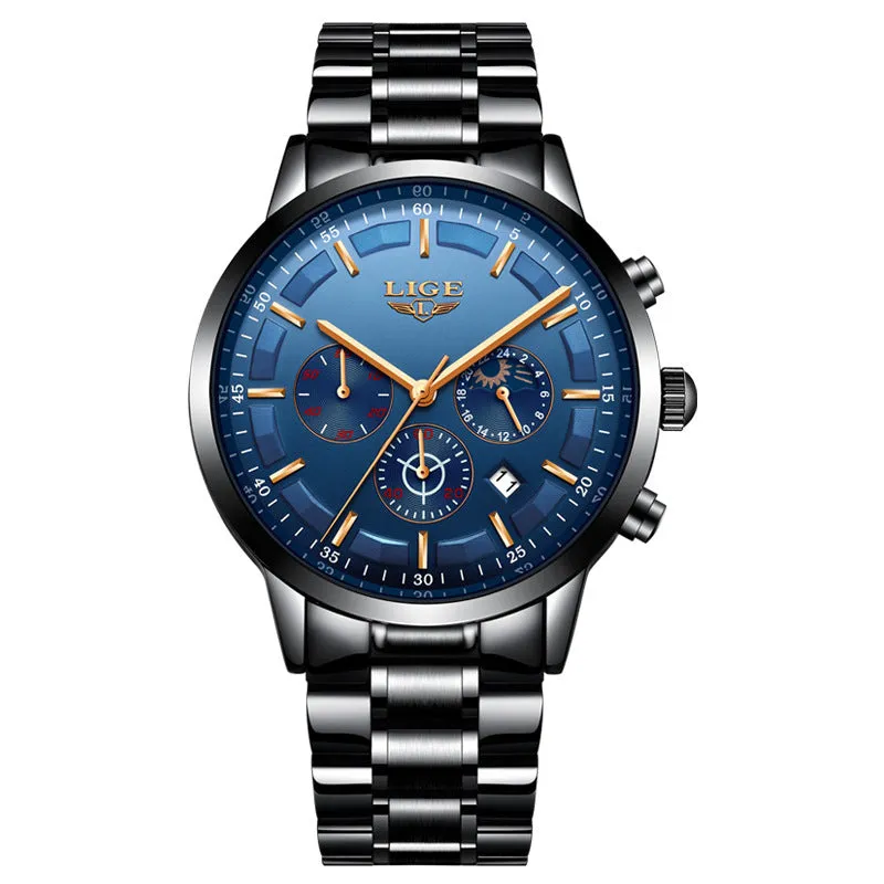 Men's waterproof quartz watch in black and rose red gold with 12mm thickness on wrist