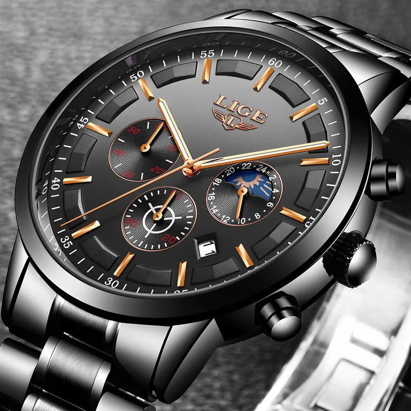 Men's waterproof quartz watch in black and rose red gold with 12mm thickness on wrist