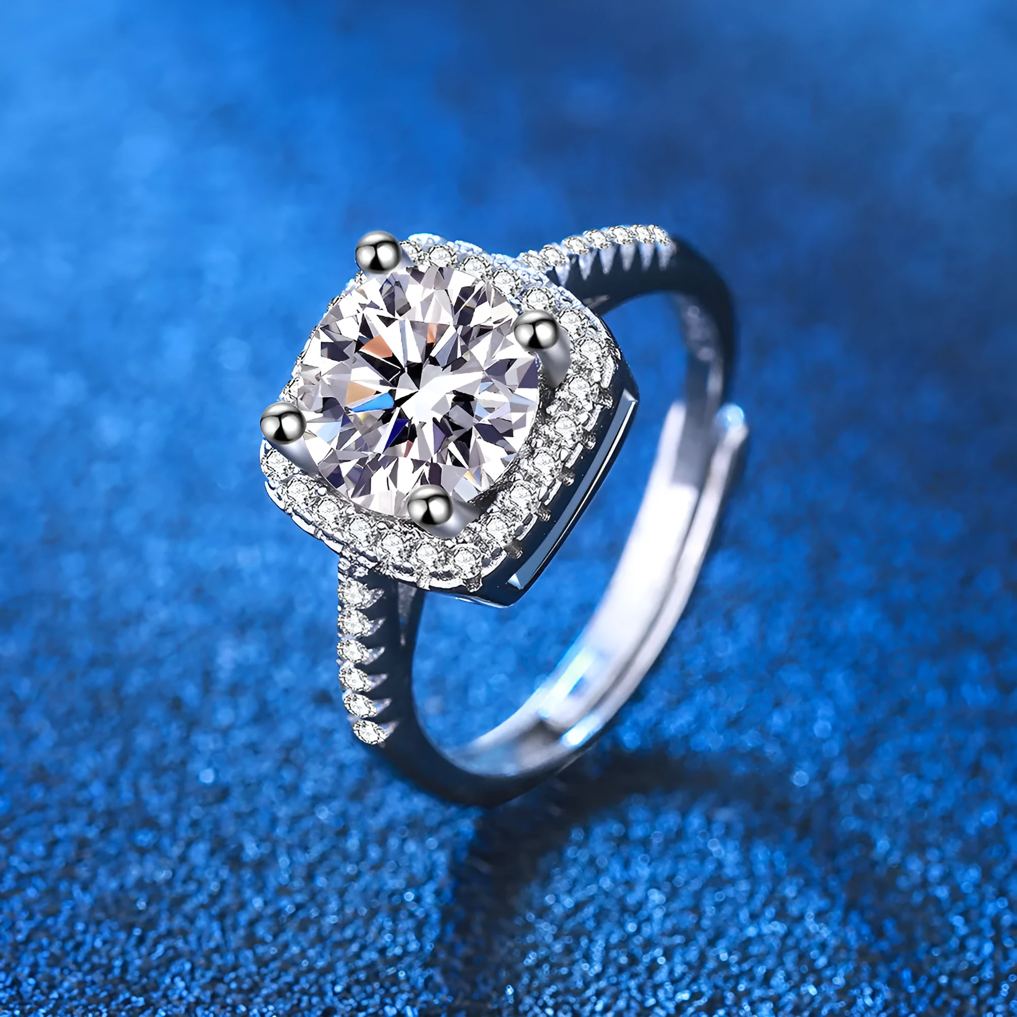 Silver adjustable moissanite ring with four-claw micro-inlaid square bag setting, geometric shape, women's ring
