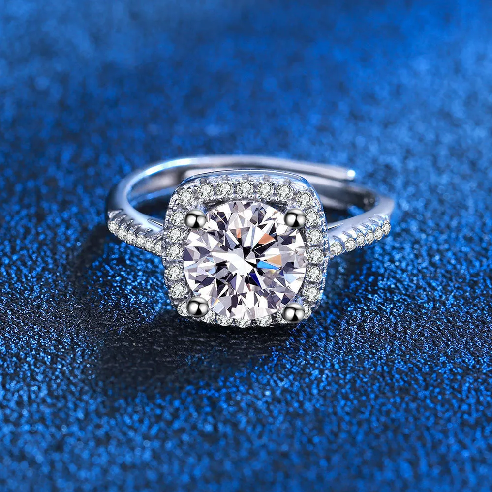 Silver adjustable moissanite ring with four-claw micro-inlaid square bag setting, geometric shape, women's ring