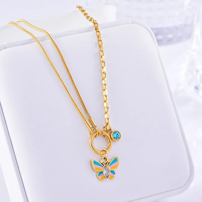 Gold-plated epoxy butterfly necklace and bracelet set with titanium steel construction and snake bone chain links