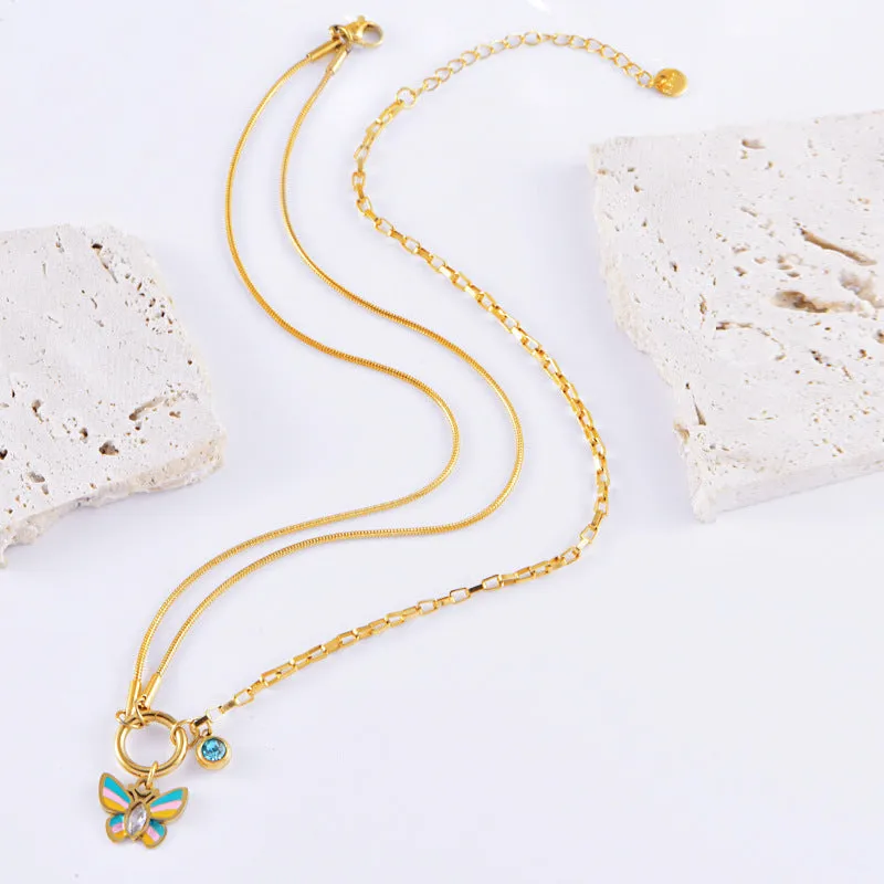 Gold-plated epoxy butterfly necklace and bracelet set with titanium steel construction and snake bone chain links