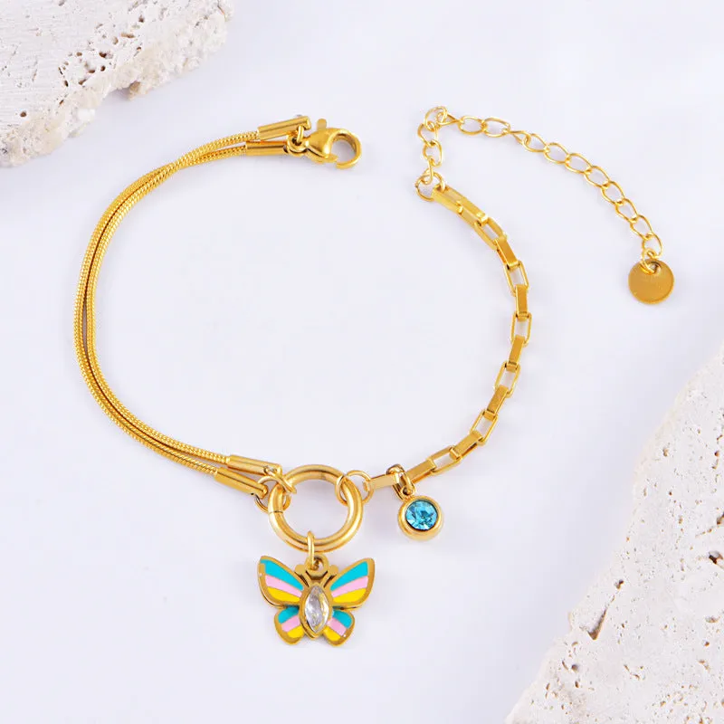Gold-plated epoxy butterfly necklace and bracelet set with titanium steel construction and snake bone chain links