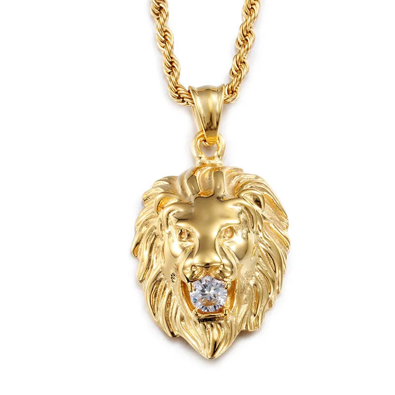 Gold alloy diamond lion's head men's pendant necklace with geometric shape