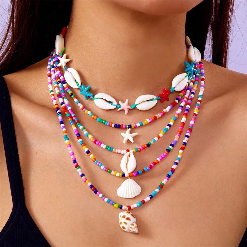 Blue multi-layer women's necklace with starfish shell beads and adjustable chain