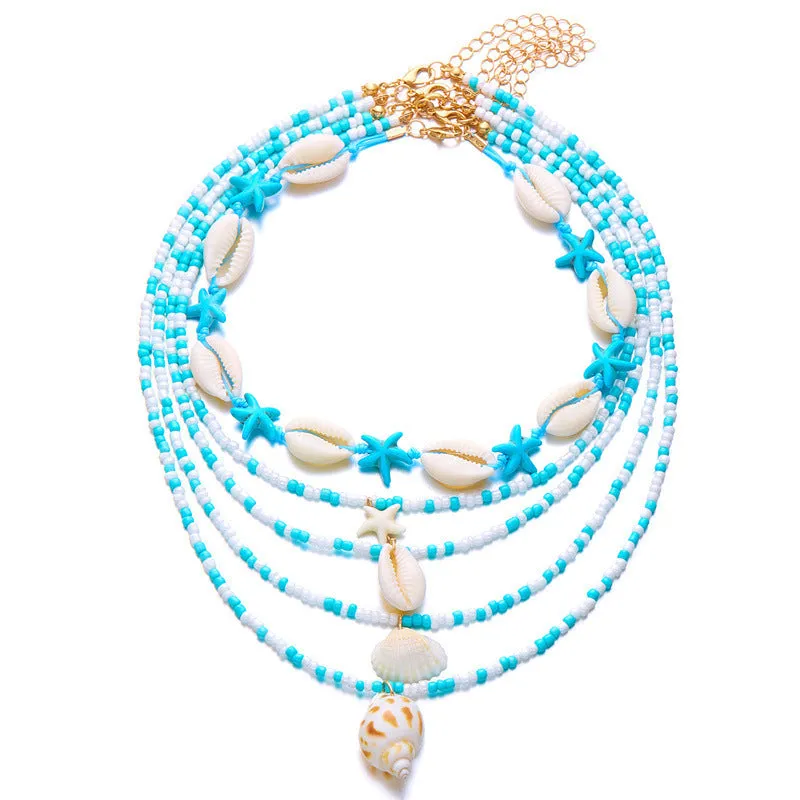 Blue multi-layer women's necklace with starfish shell beads and adjustable chain