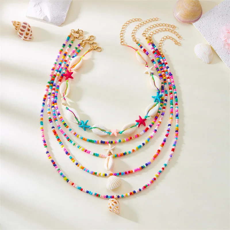 Blue multi-layer women's necklace with starfish shell beads and adjustable chain