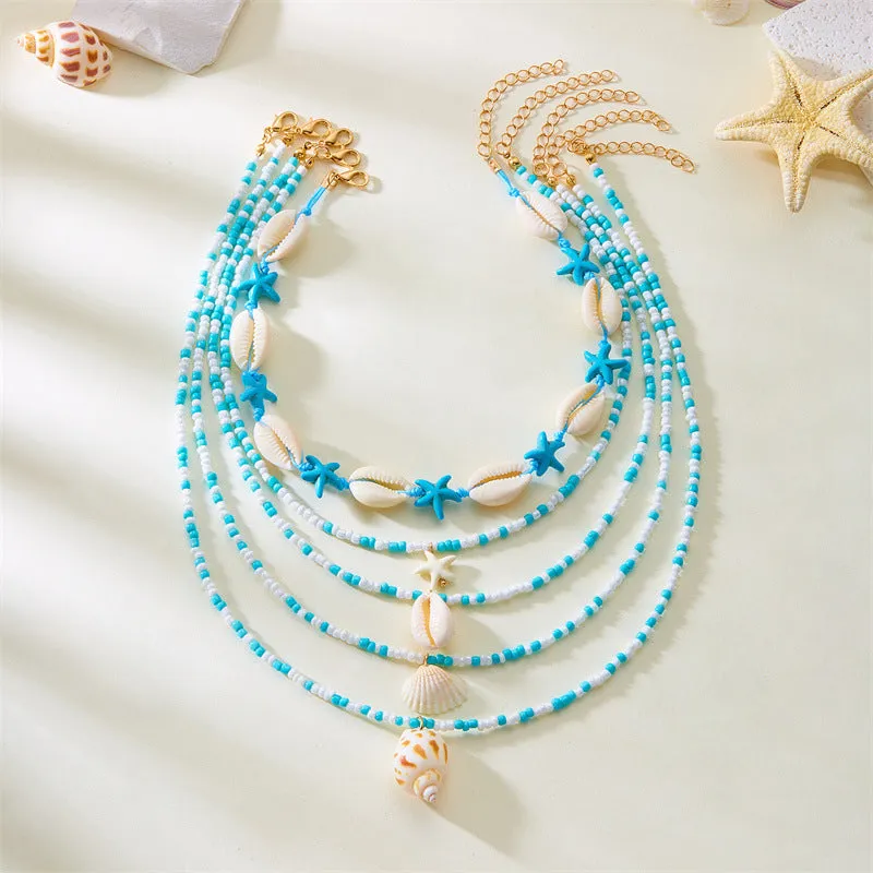 Blue multi-layer women's necklace with starfish shell beads and adjustable chain