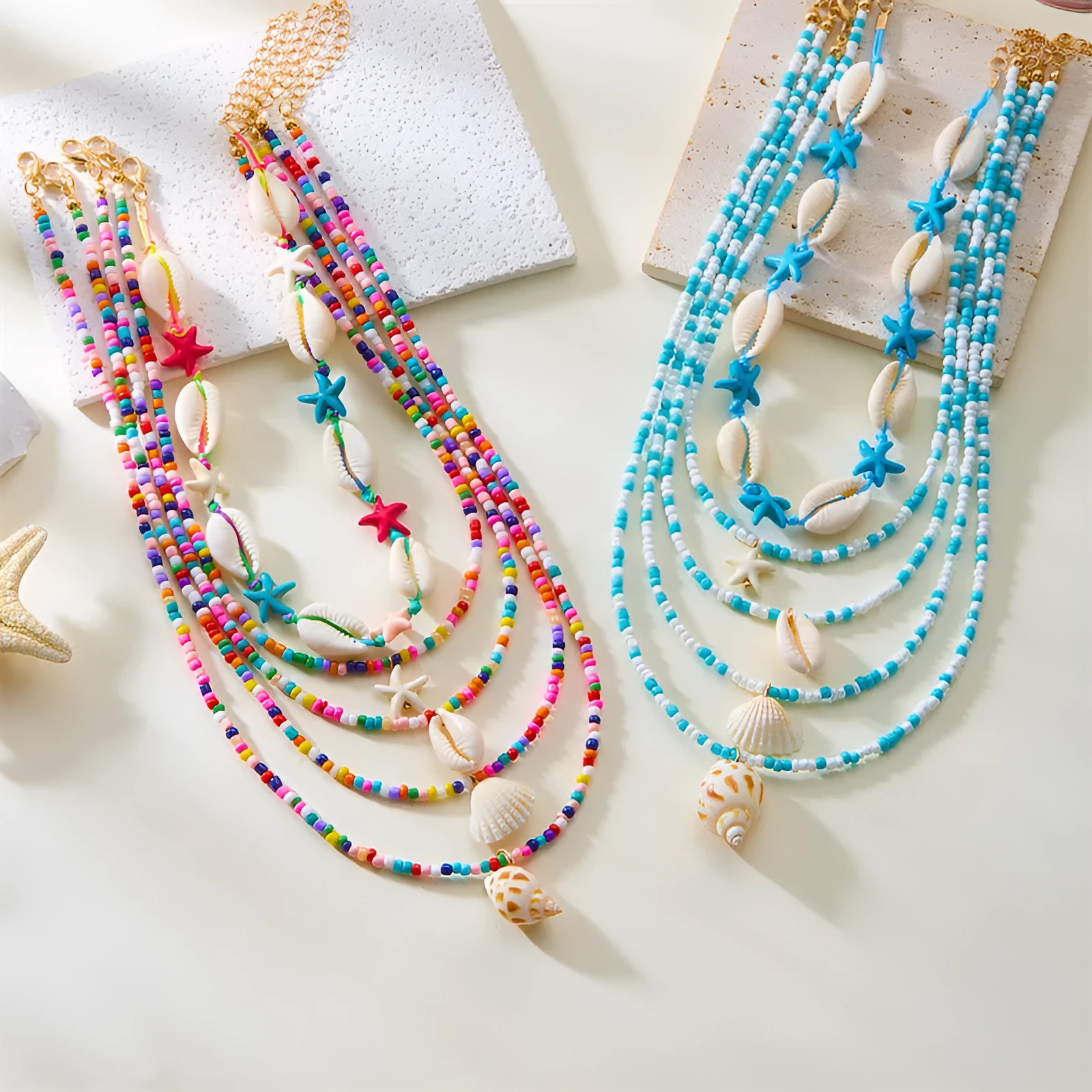 Blue multi-layer women's necklace with starfish shell beads and adjustable chain