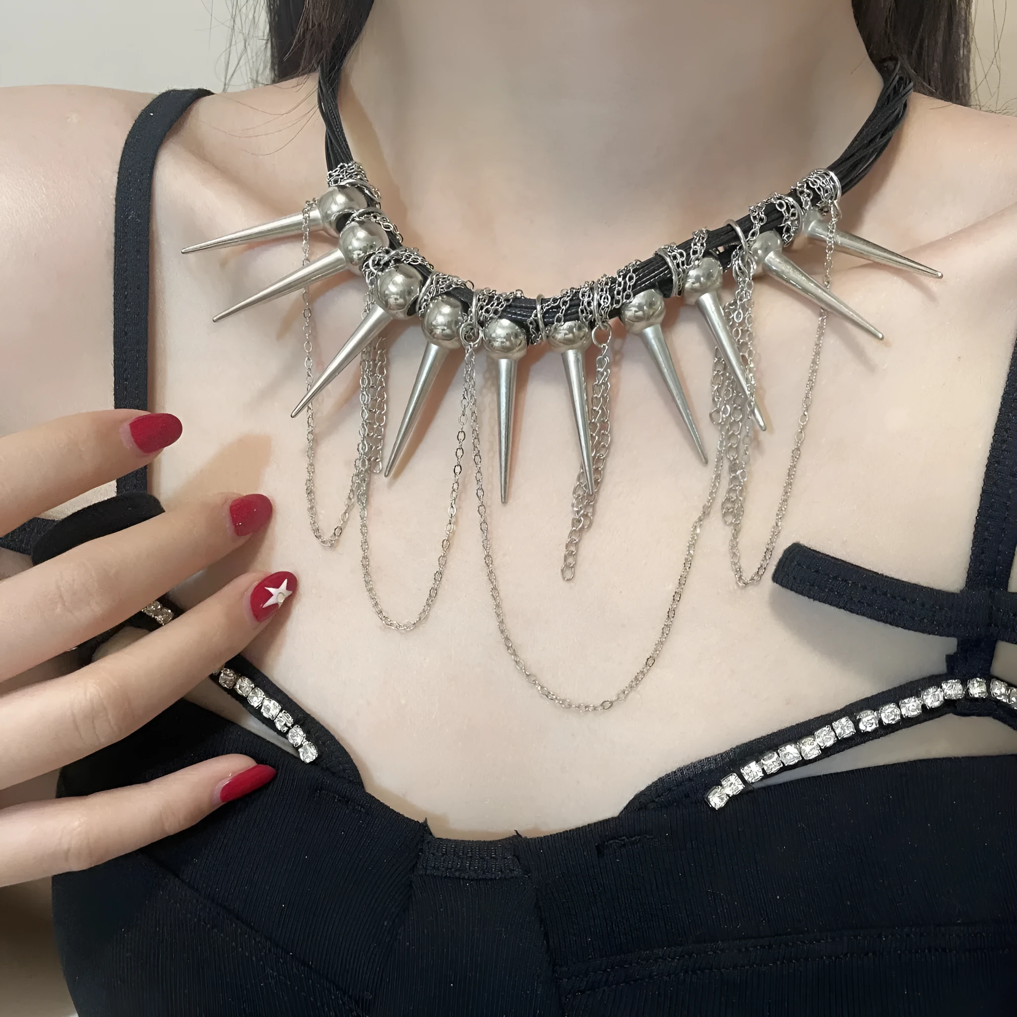 Women's casual leather necklace with electroplated rivets and winding round beads in picture colour.