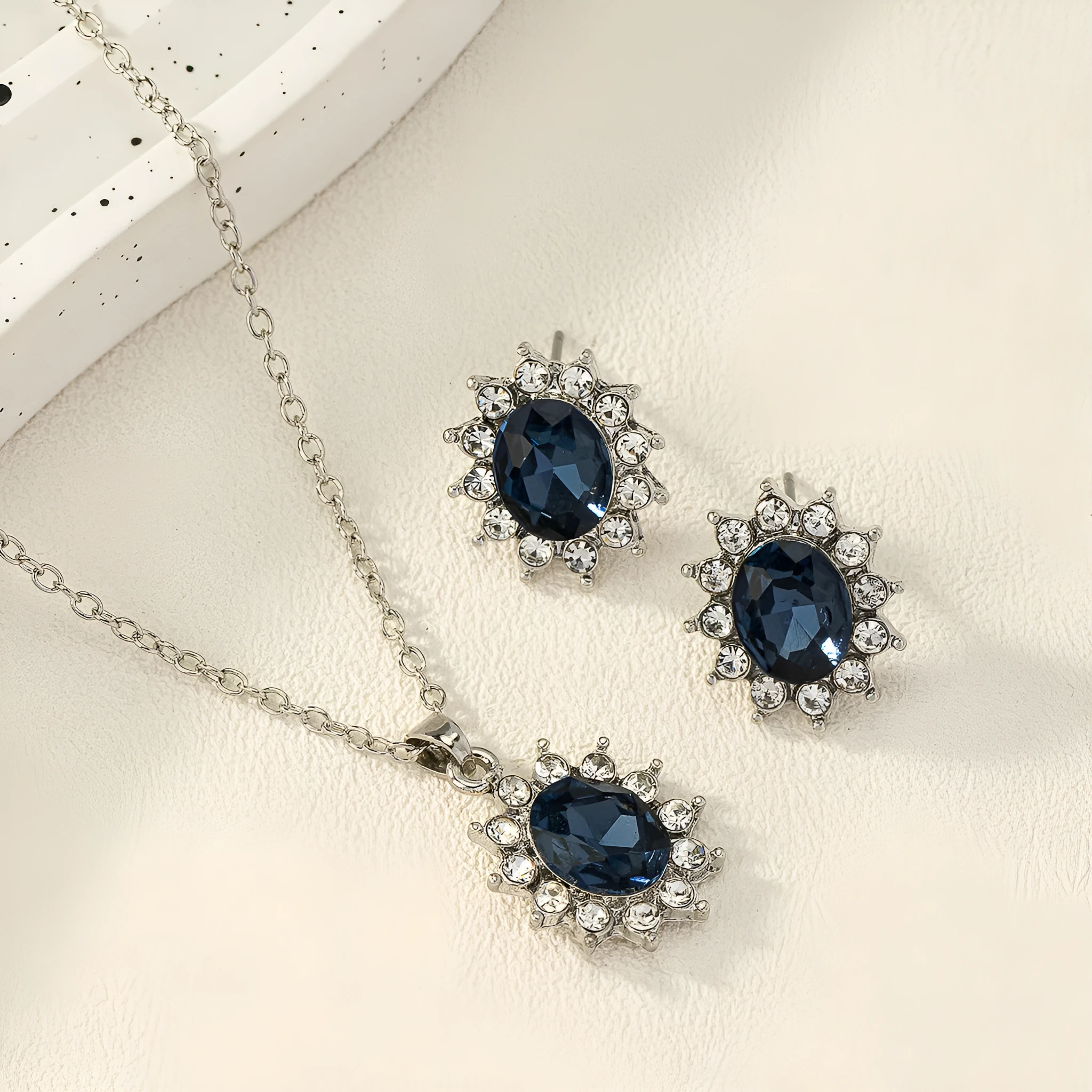 Women's sunflower zircon ear stud necklace suit in blue, red, green, champagne, black or colour options
