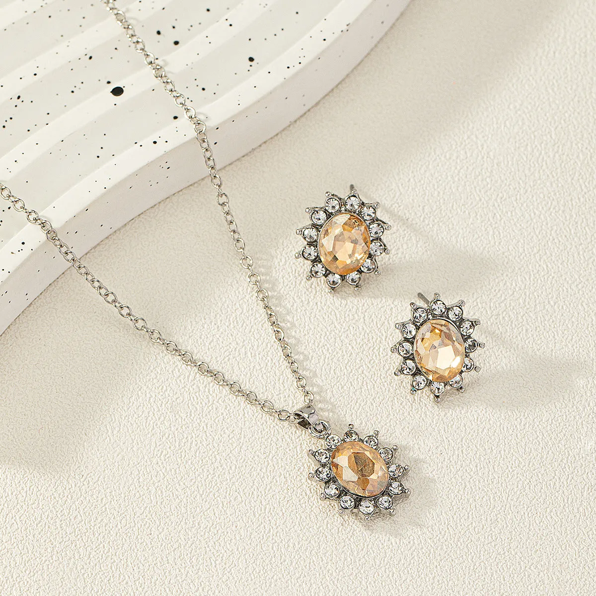 Women's sunflower zircon ear stud necklace suit in blue, red, green, champagne, black or colour options