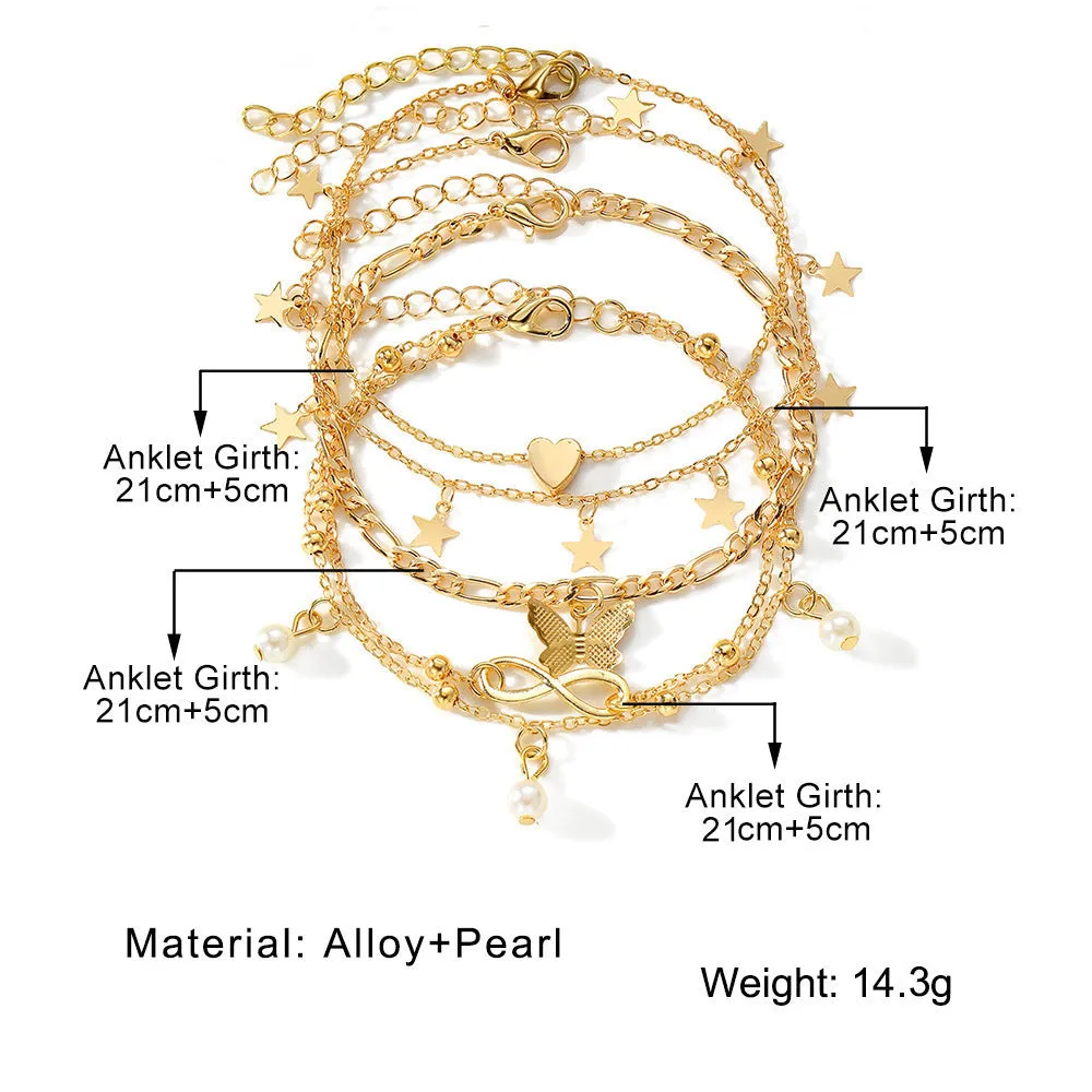 Butterfly Pearl Heart anklet set of 4 multi-layer alloy foot chain women's simple style