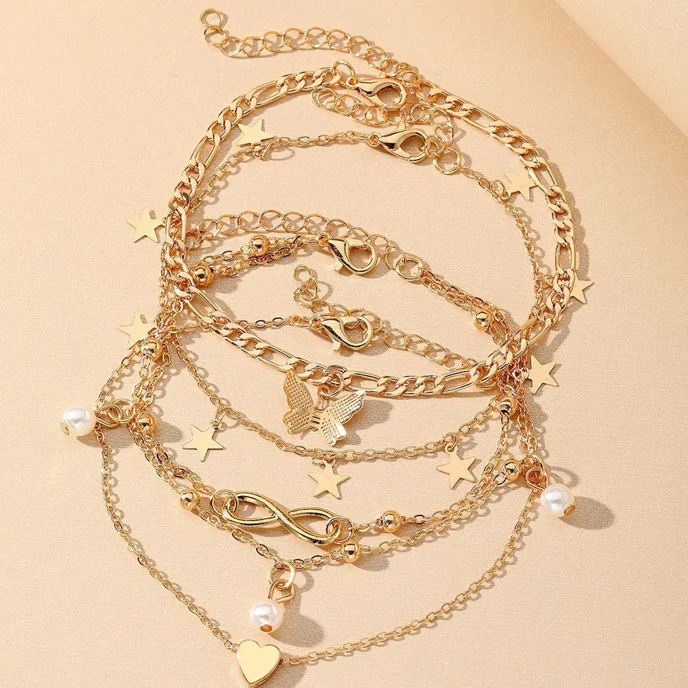 Butterfly Pearl Heart anklet set of 4 multi-layer alloy foot chain women's simple style