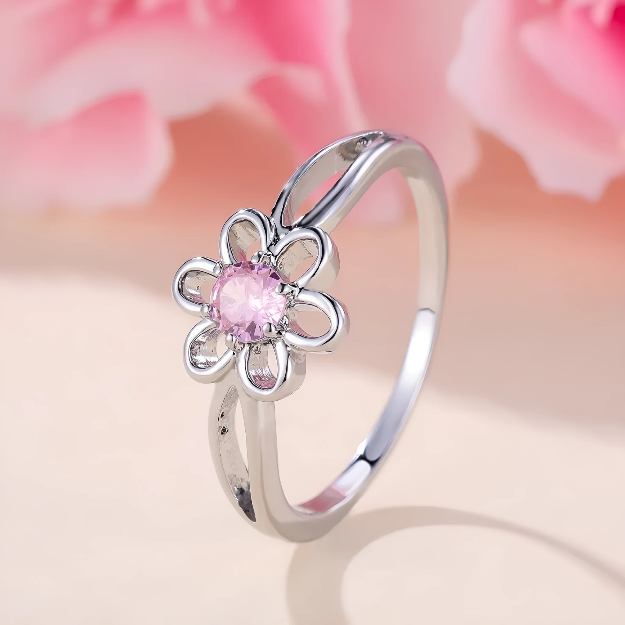 Lady's copper flower hollowed ring with electroplating finish in platinum pink diamond