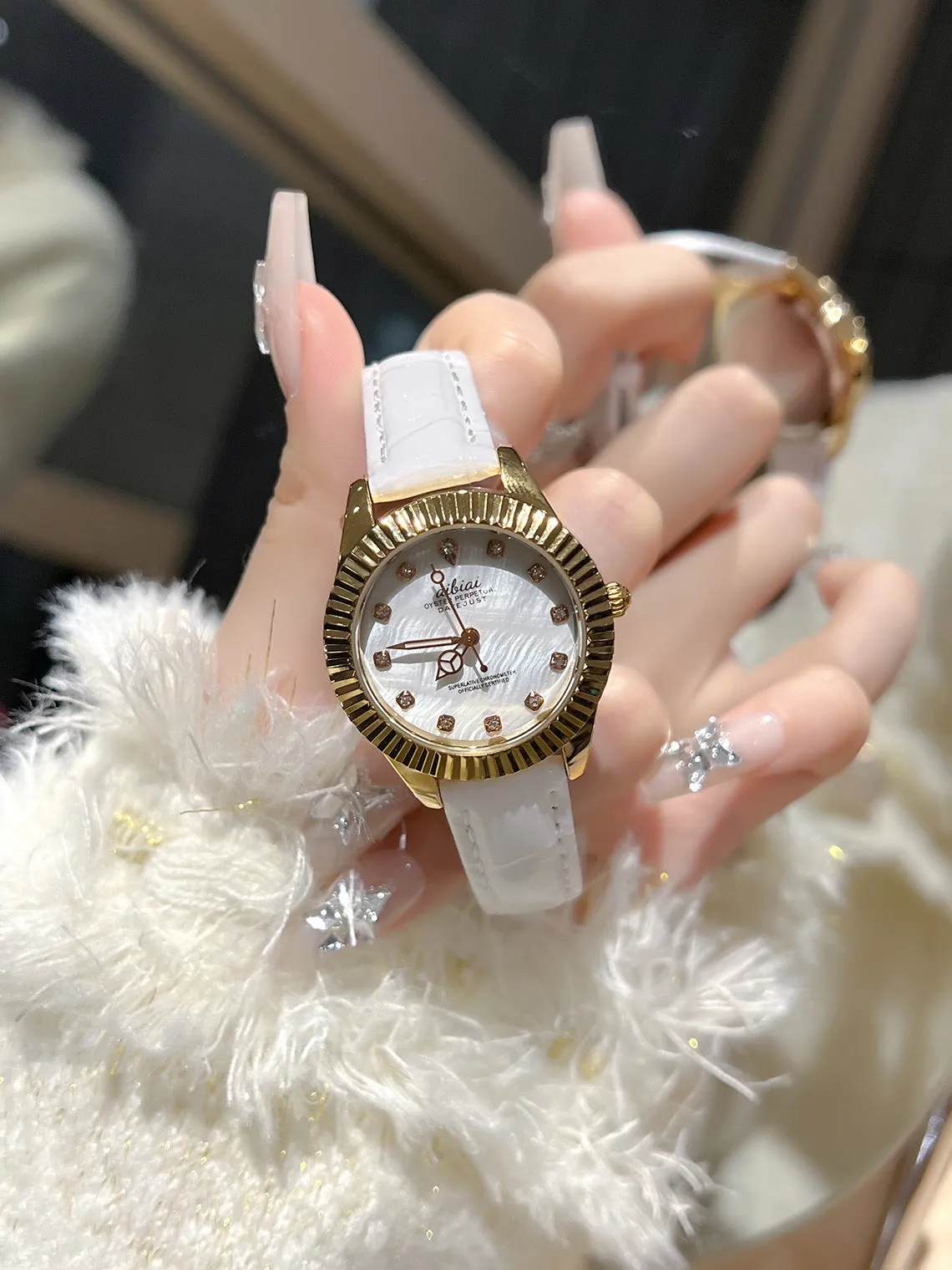 Steel watch for women with rose shell dial and black leather strap