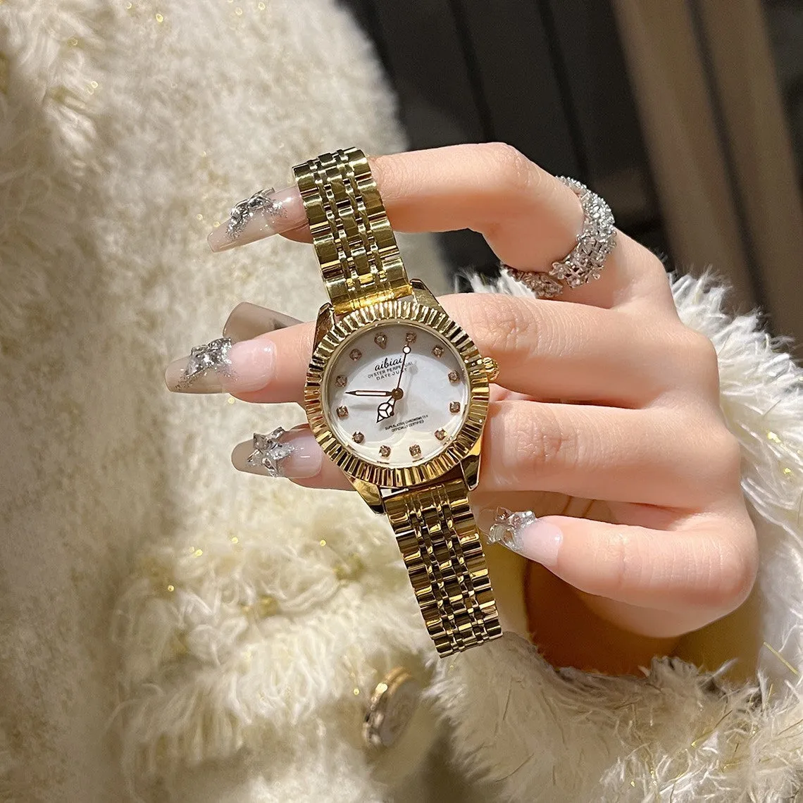 Steel watch for women with rose shell dial and black leather strap