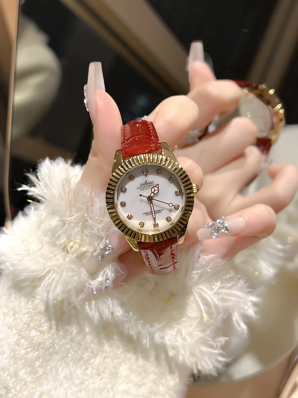 Steel watch for women with rose shell dial and black leather strap
