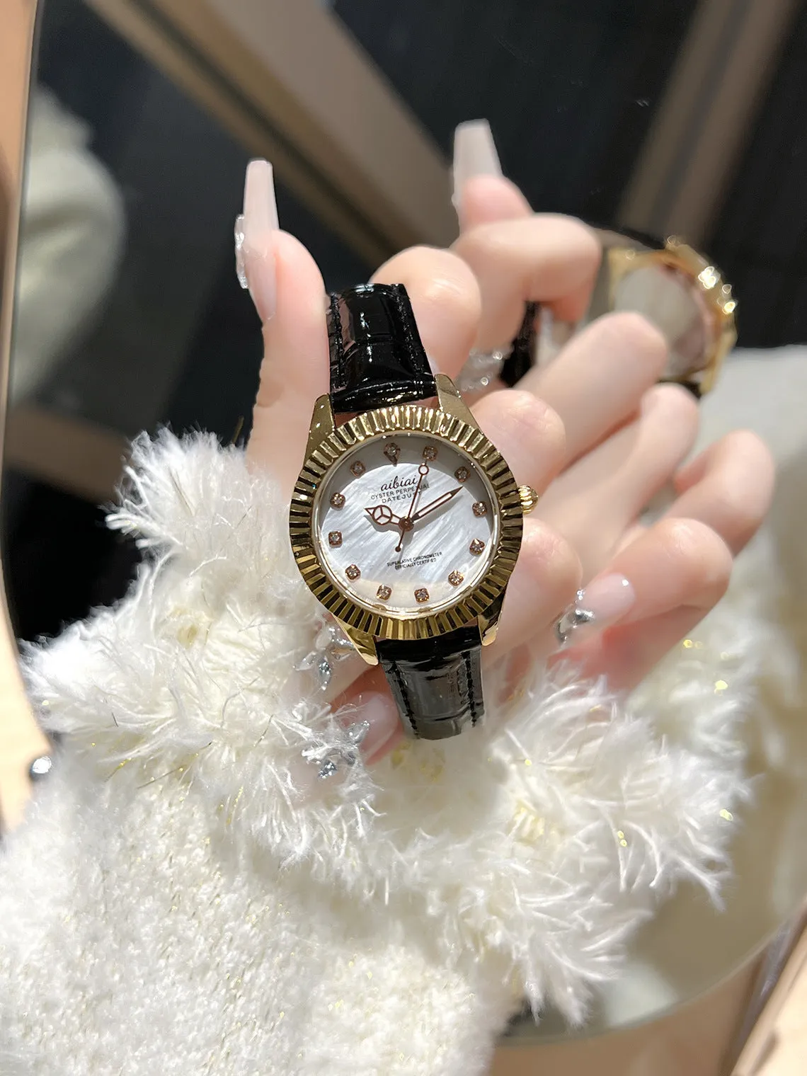 Steel watch for women with rose shell dial and black leather strap