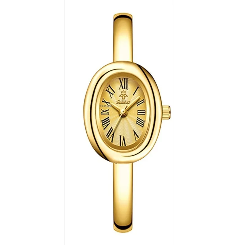 Women's oval retro quartz watch in gold spiral pattern on a white background