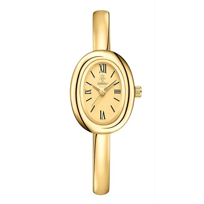 Women's oval retro quartz watch in gold spiral pattern on a white background