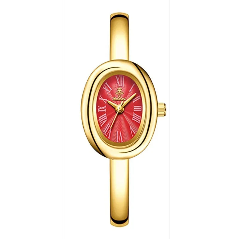 Women's oval retro quartz watch in gold spiral pattern on a white background